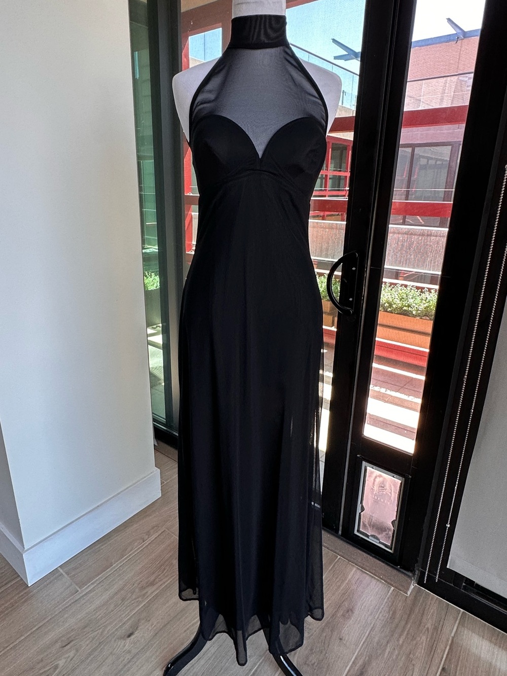 Tadashi Shoji Black Halter Mesh Maxi Gown